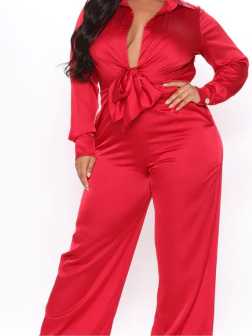 Red Satin Tie-Front Jumpsuit